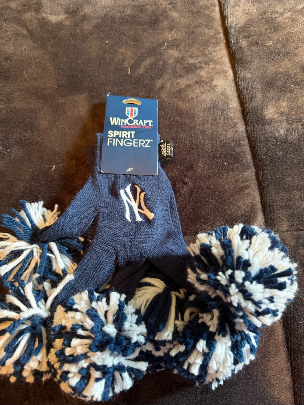 Wincraft Navy White Pom Fingerless Kids Mittens with NY Logo